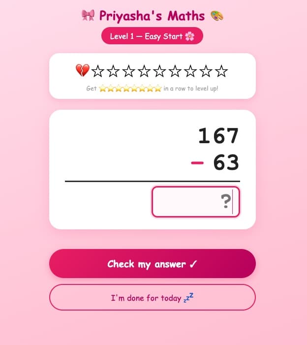 Priyasha's subtraction practice app